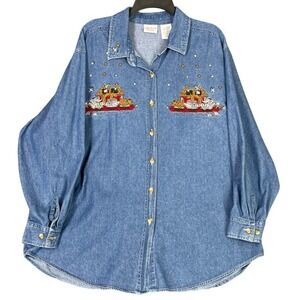 Bobbie Brooks Denim Shirt Size 20W Noahs Ark Religion Christmas‎ Rudolph Holiday